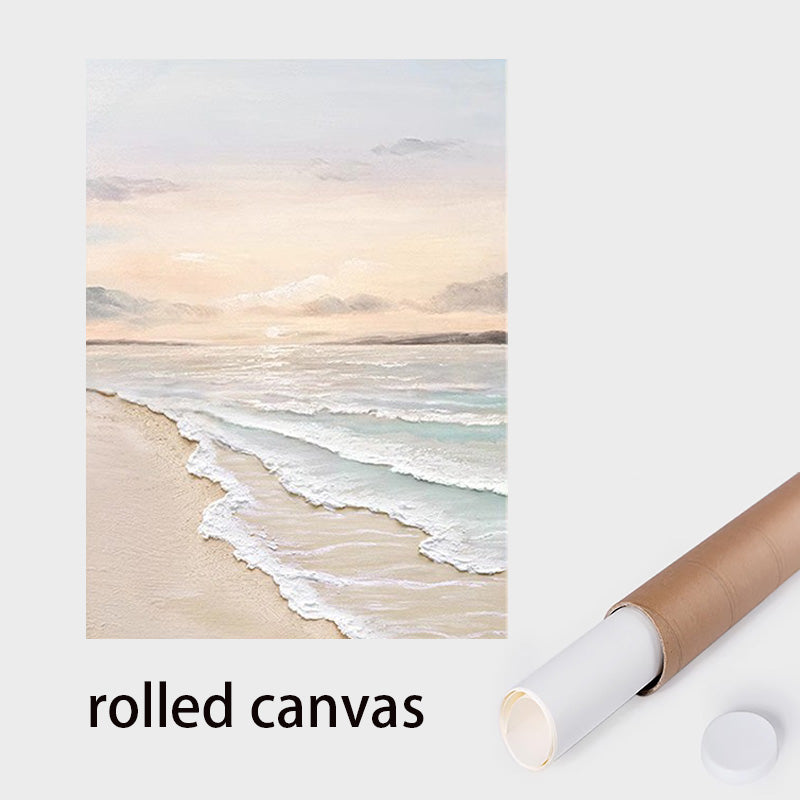 Ölgemälde „Sonnenaufgang am Meer“, cremefarbener Himmel, Wellen, Landschaft, Zuhause, Wohnzimmer, Wanddekoration, Strand, natürliche Schönheit, handgefertigte Textur, Landschaftswandmalerei