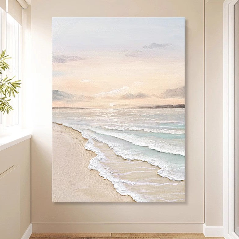 Ölgemälde „Sonnenaufgang am Meer“, cremefarbener Himmel, Wellen, Landschaft, Zuhause, Wohnzimmer, Wanddekoration, Strand, natürliche Schönheit, handgefertigte Textur, Landschaftswandmalerei