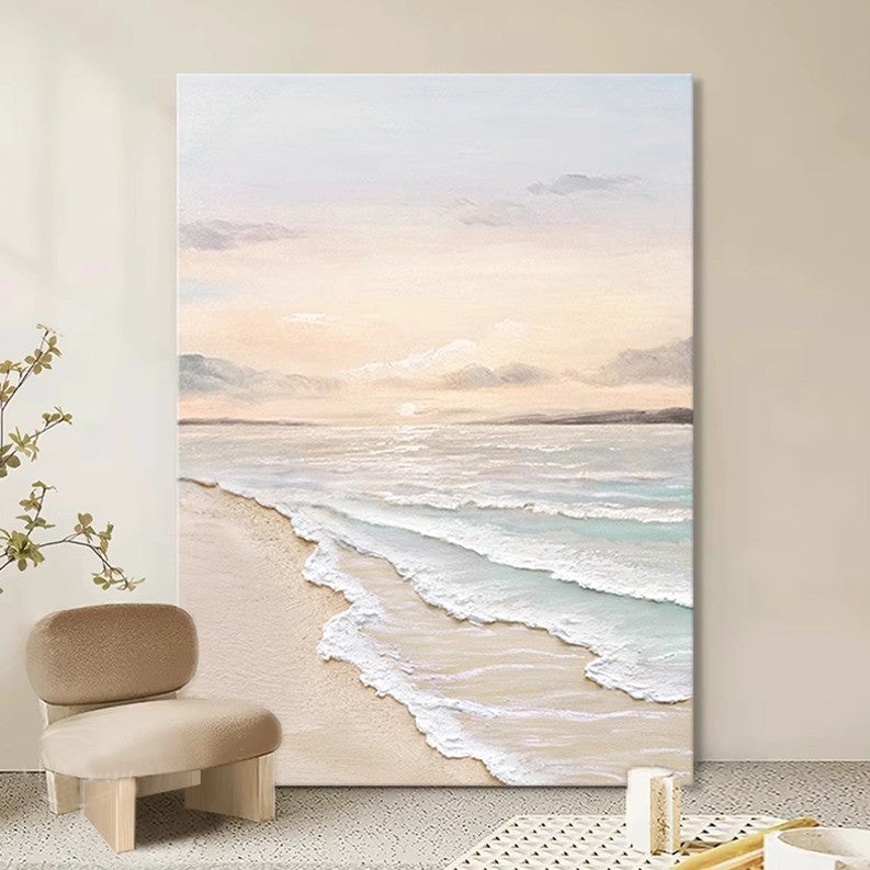 Ölgemälde „Sonnenaufgang am Meer“, cremefarbener Himmel, Wellen, Landschaft, Zuhause, Wohnzimmer, Wanddekoration, Strand, natürliche Schönheit, handgefertigte Textur, Landschaftswandmalerei