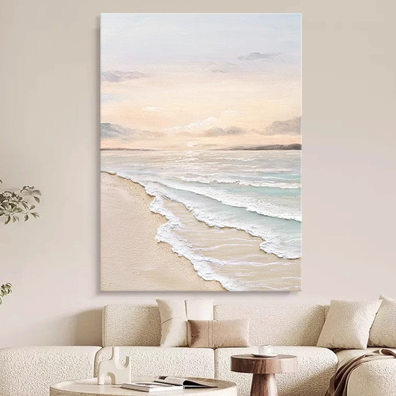 Ölgemälde „Sonnenaufgang am Meer“, cremefarbener Himmel, Wellen, Landschaft, Zuhause, Wohnzimmer, Wanddekoration, Strand, natürliche Schönheit, handgefertigte Textur, Landschaftswandmalerei